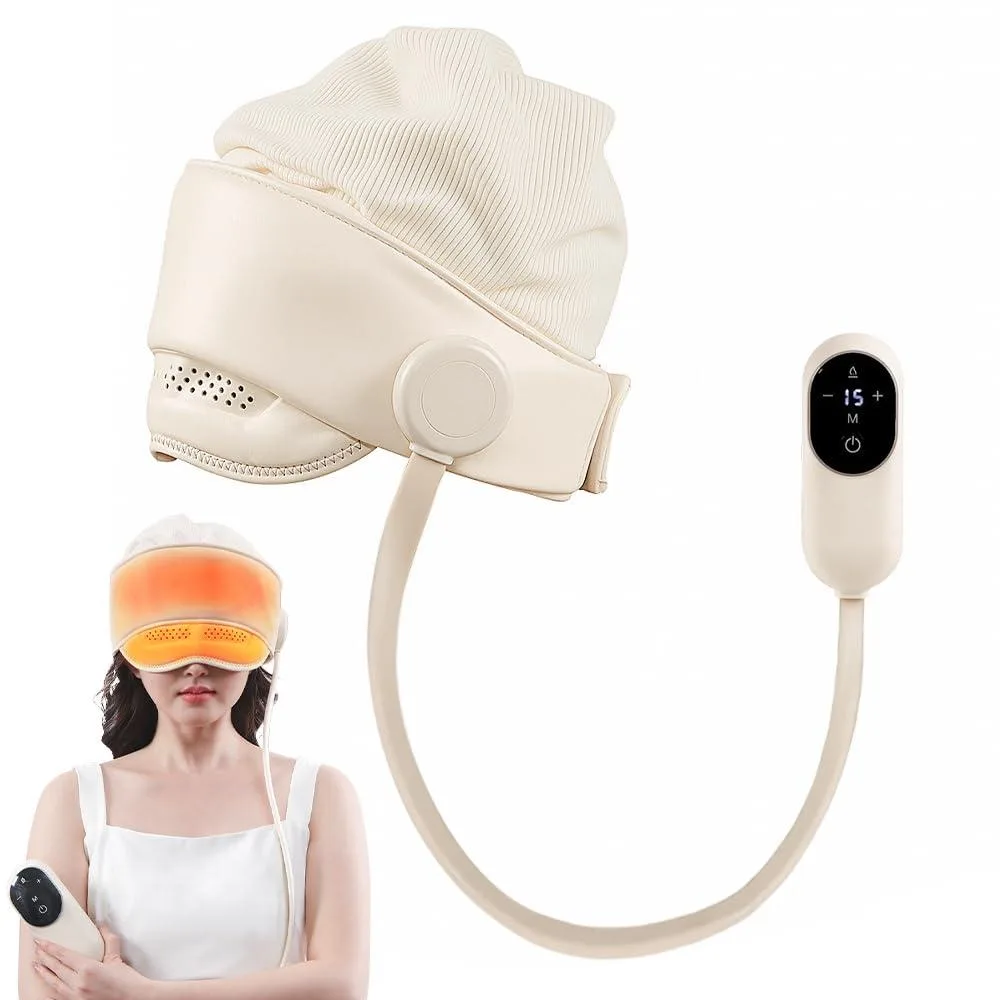 White electric scalp massager, wrap-around design, lightweight ABS plastic, rechargeable battery, remote included