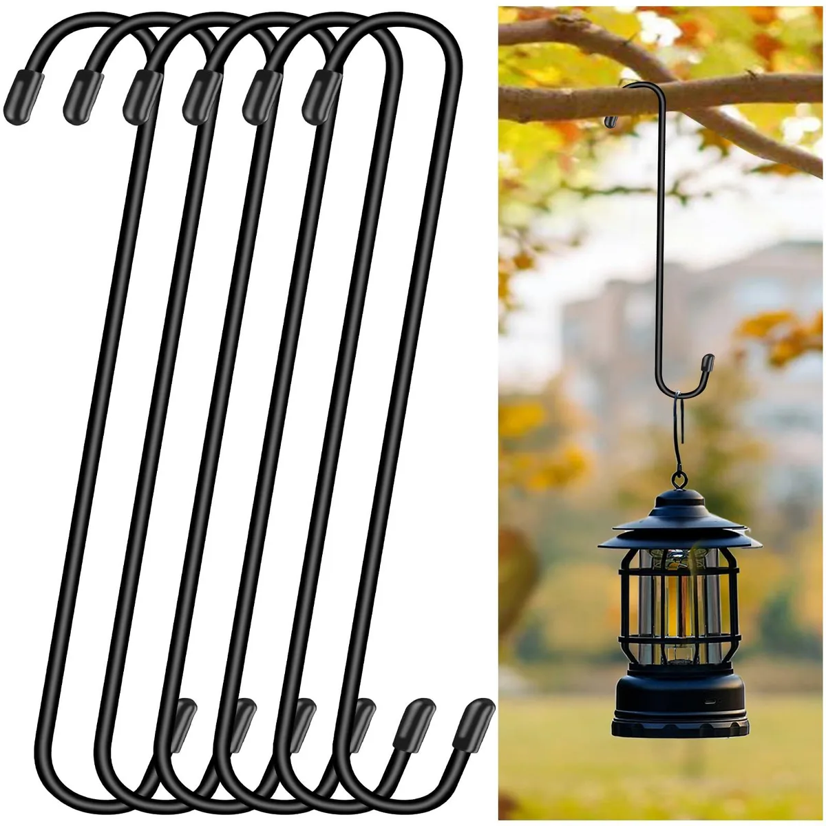 Six black iron S-hooks, 12 inches long, rubber-capped ends, matte finish