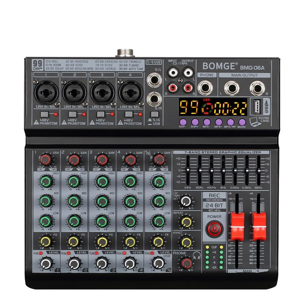  BOMGE BMG-06A 6-channel DJ mixer 99 DSP 48V phantom Bluetooth USB — product photo