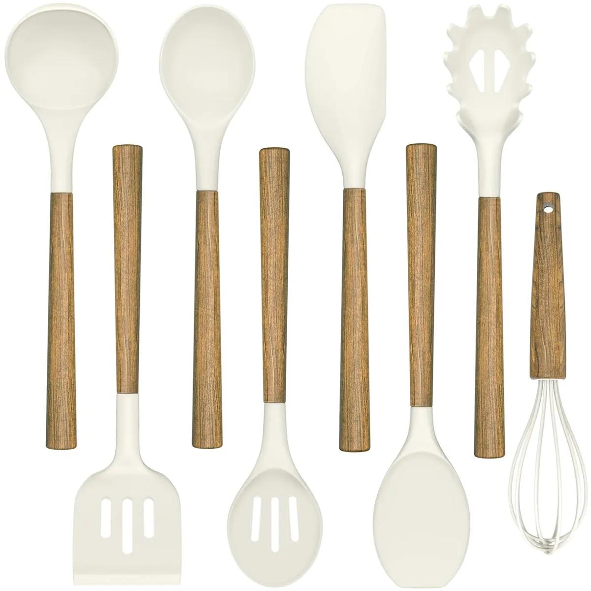 White silicone cooking utensil set, eight pieces with natural acacia wood handles