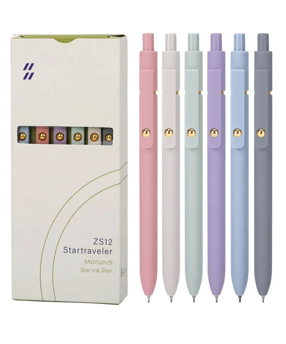 Six retractable black gel pens with clips, plastic finish, 0.7 mm tip