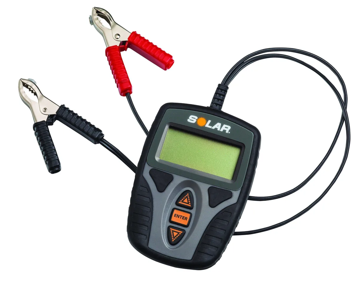 Handheld 12V battery tester with LCD screen, grey plastic body