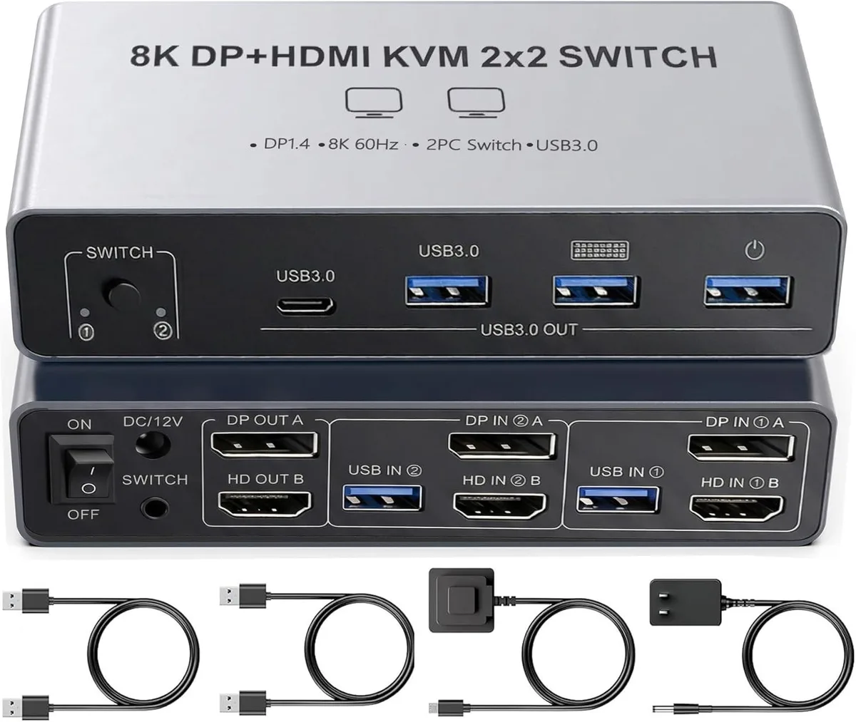Hitoor Hitoor Dual Monitor 8K KVM Switch 2 PCs 2 Monitors DP 1.4 HDMI 2.1 4K 144Hz 8K 60Hz 4 USB 3.0 — product photo