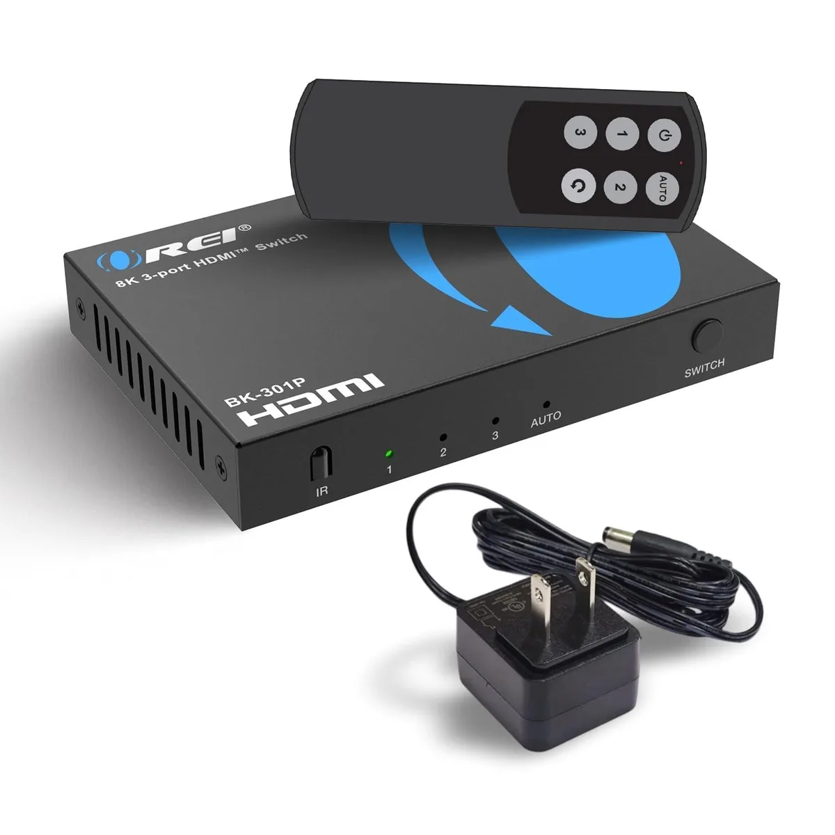 Compact black box with three HDMI inputs and one output, remote included