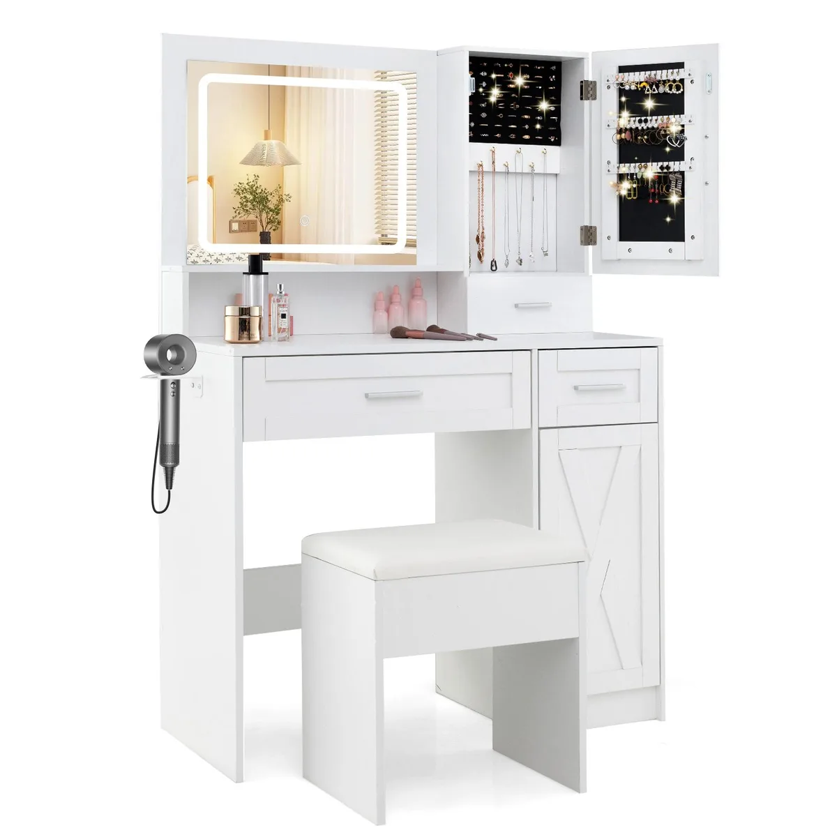 White vanity desk with lighted mirror, drawers, cabinet and matching stool