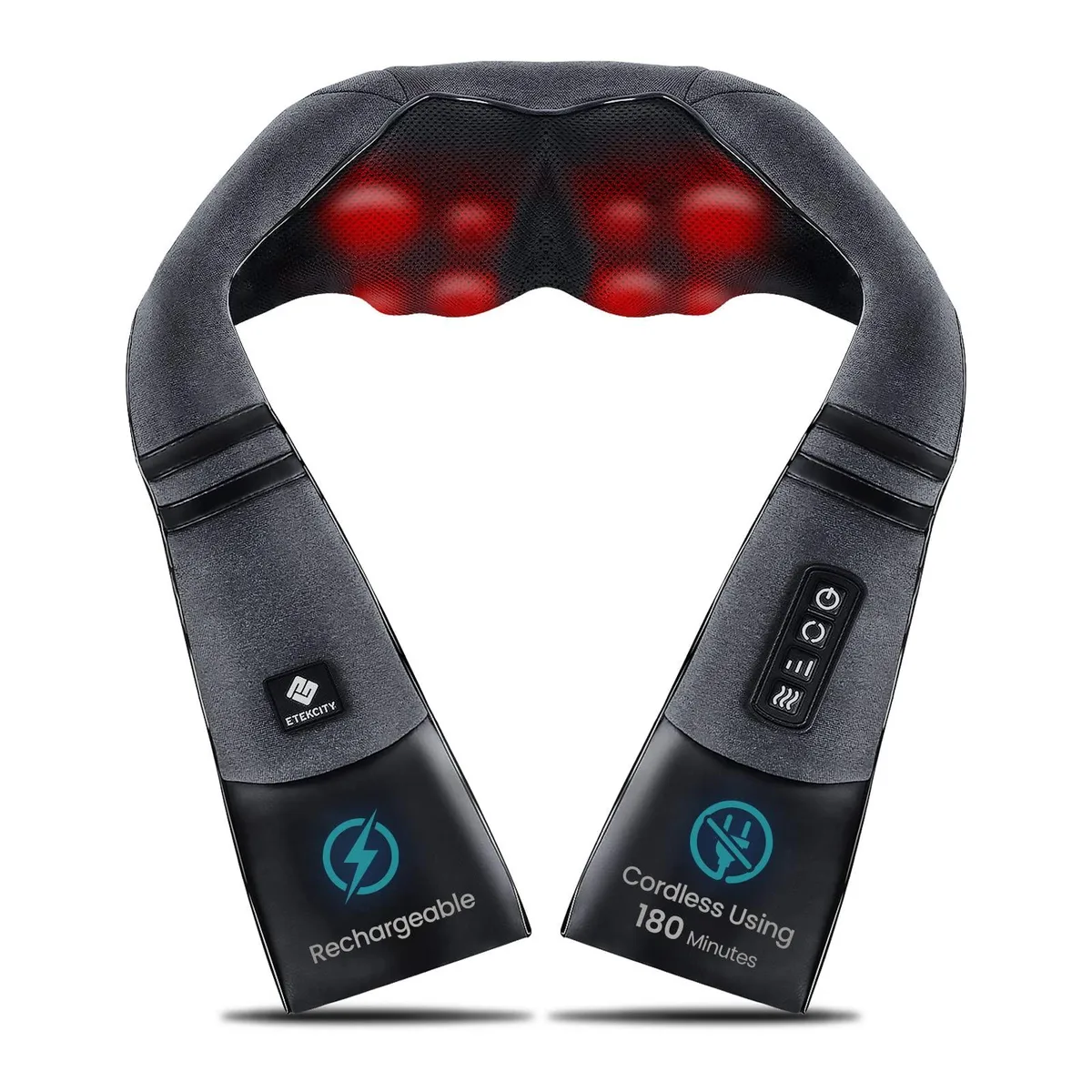 Blue cordless neck massager with wrap-around shape, soft leather and mesh finish