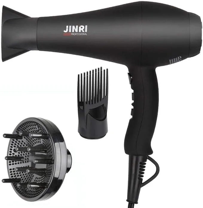 Black hair dryer with concentrator nozzle, matte finish, compact handheld shape