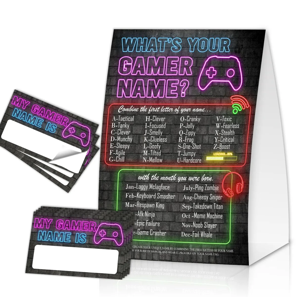 Black unframed gamer name sign with 30 game cards
