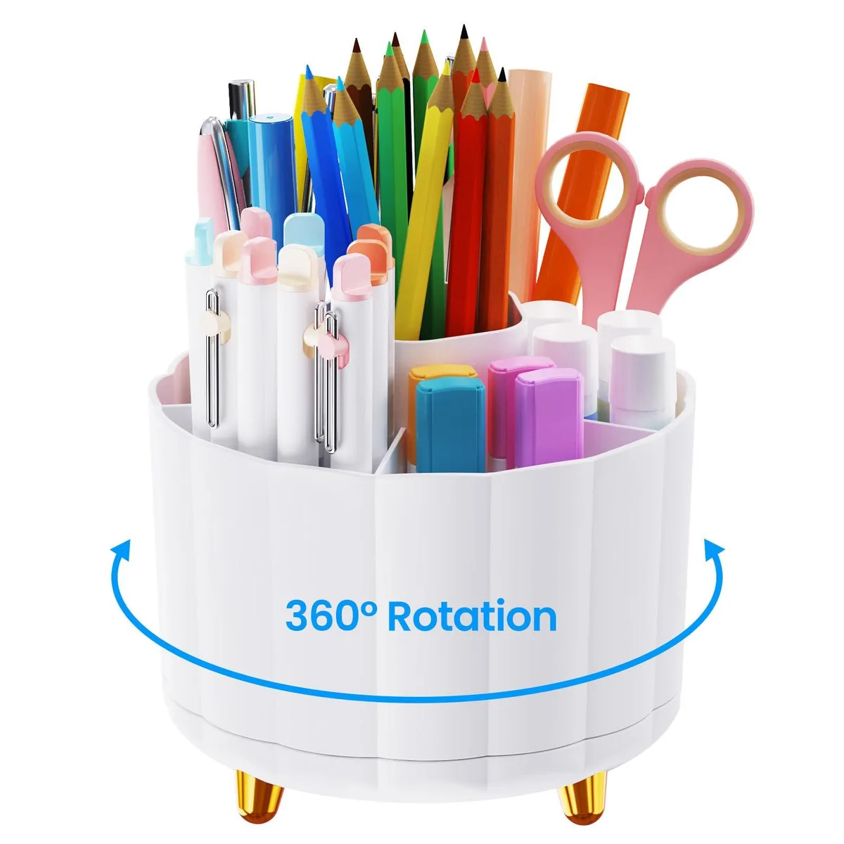 White cylindrical desk organiser with six vertical slots, smooth matte finish, rotates 360 degrees