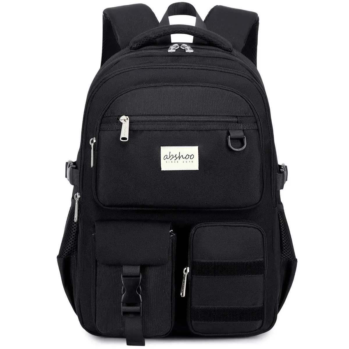 Black 22 L backpack with 15.6" laptop sleeve, water-resistant polyester, double zippers, side buckles, breathable back pad