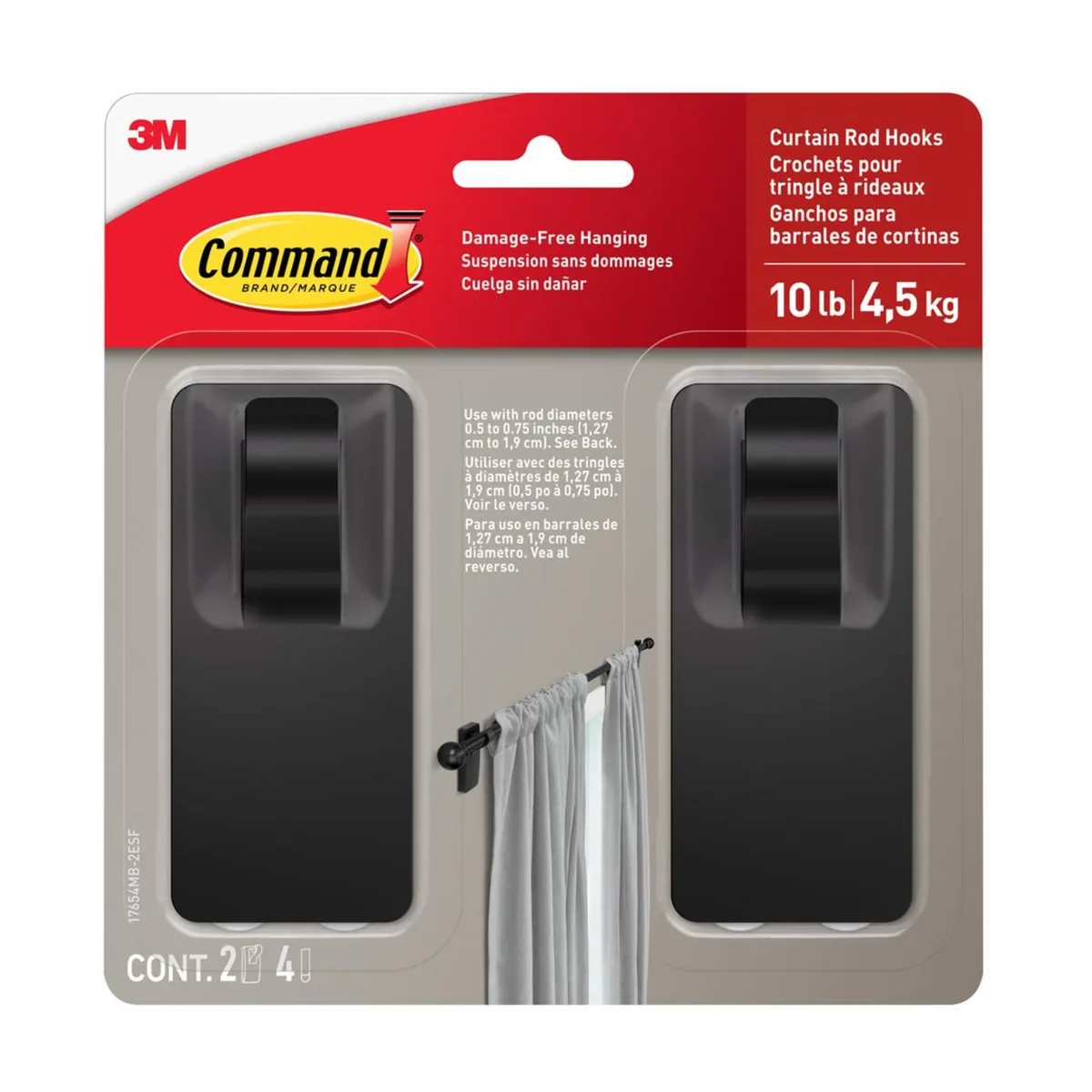 Two matte black curtain rod hooks with adhesive strips