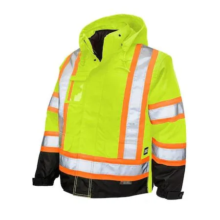 Fluorescent green polyester parka, detachable hood, storm flap over zipper, tall 2XL size