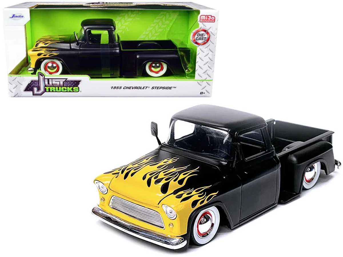 Jada Jada 1955 Chevrolet Stepside Pickup Matt Black Yellow Flames 1/24 Diecast — product photo