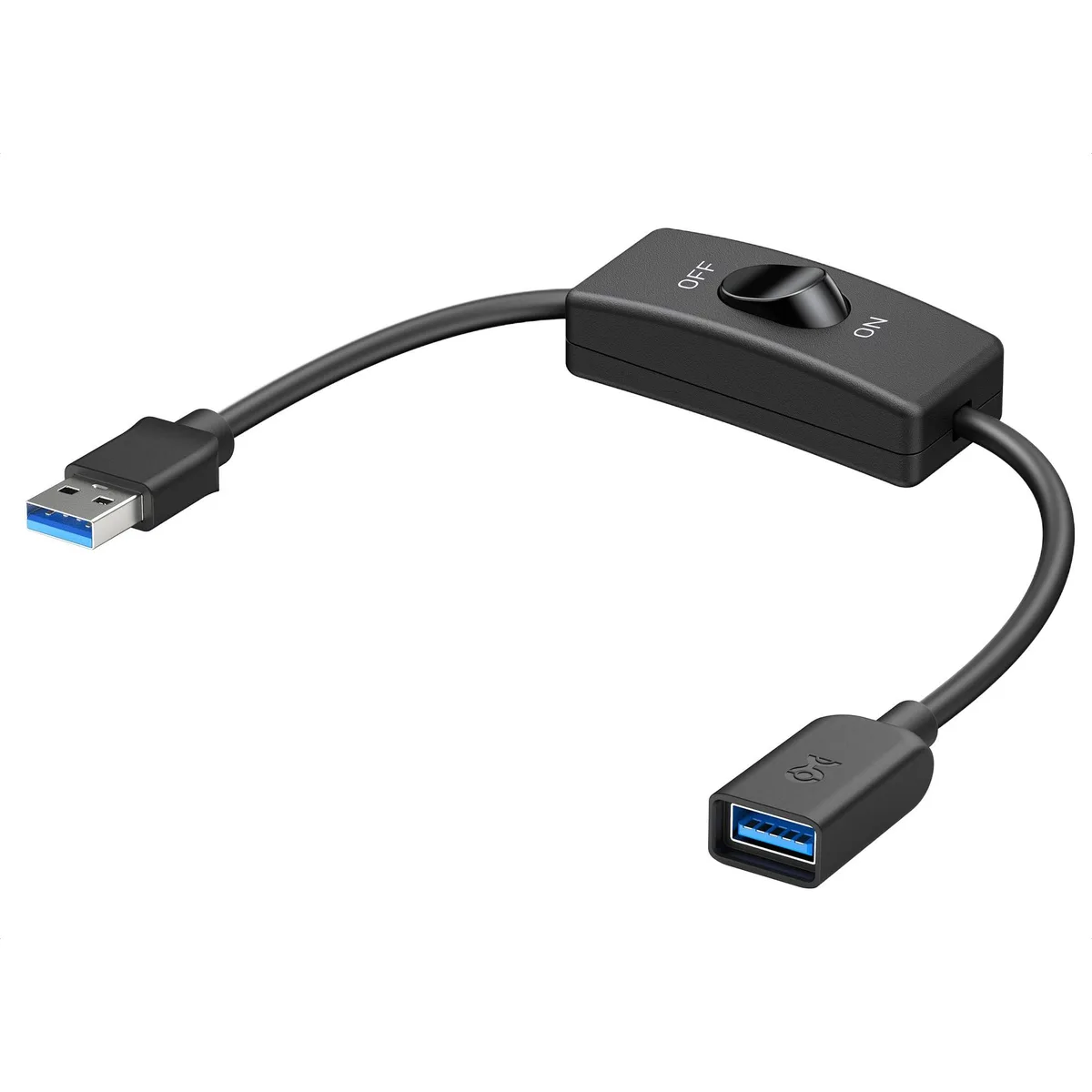 Black USB extension cable with inline on/off switch, USB-A connectors, one foot long