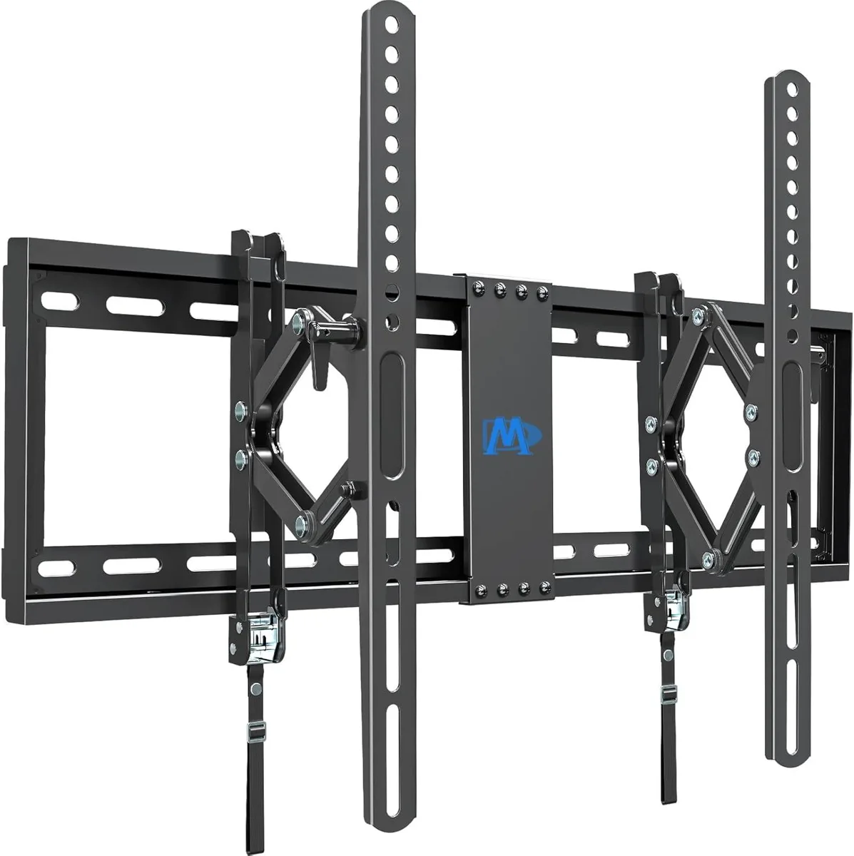 Black steel full-motion TV wall mount with articulated arm extended showing tilt mechanism