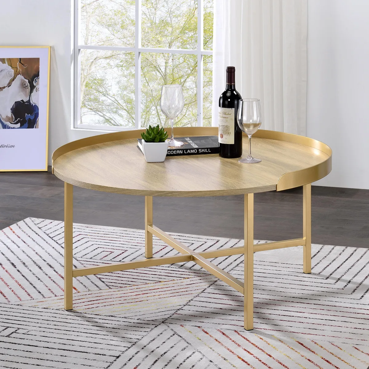 tuphen tuphen Oak and Gold Coffee Table with Tray Top — product photo