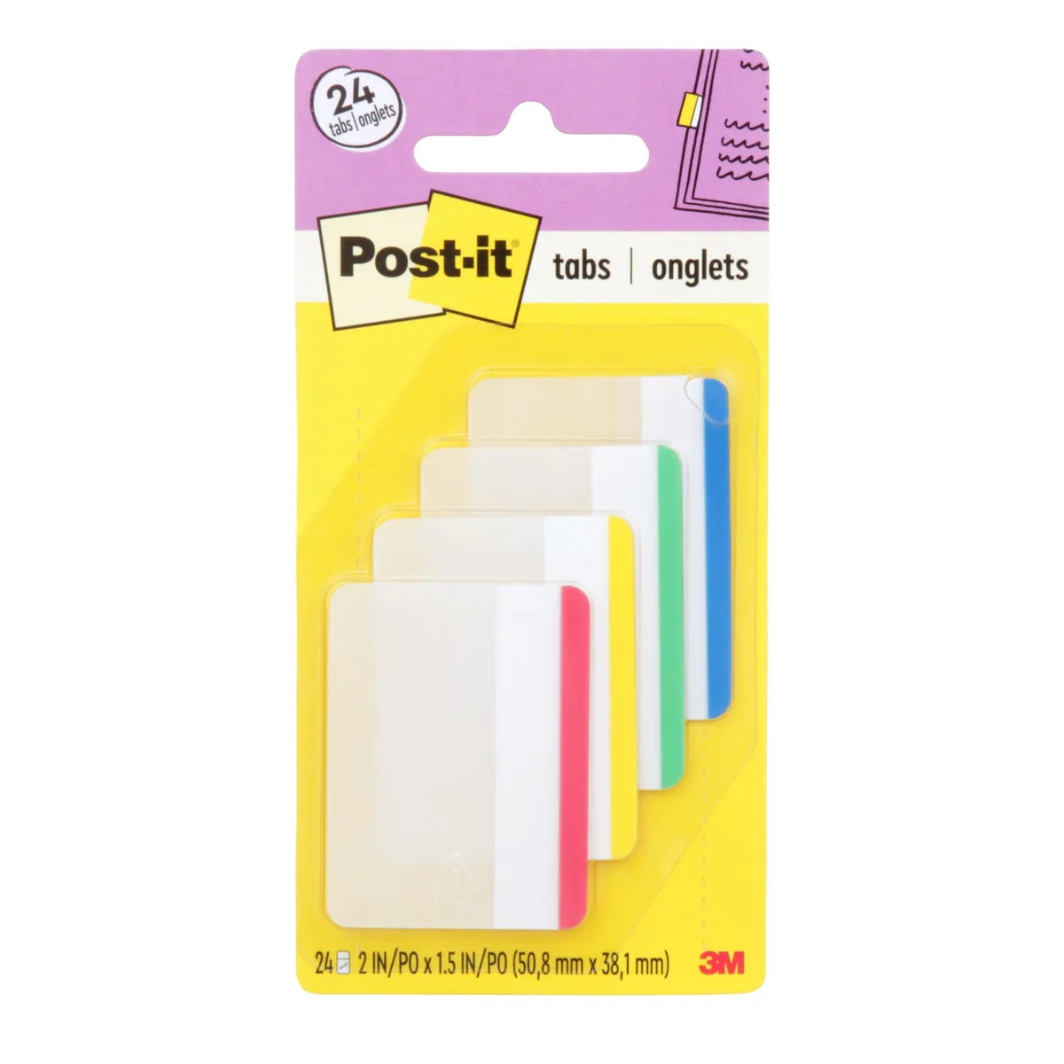 Four pads of small rectangular sticky tabs in red yellow green and blue on a white backing card
