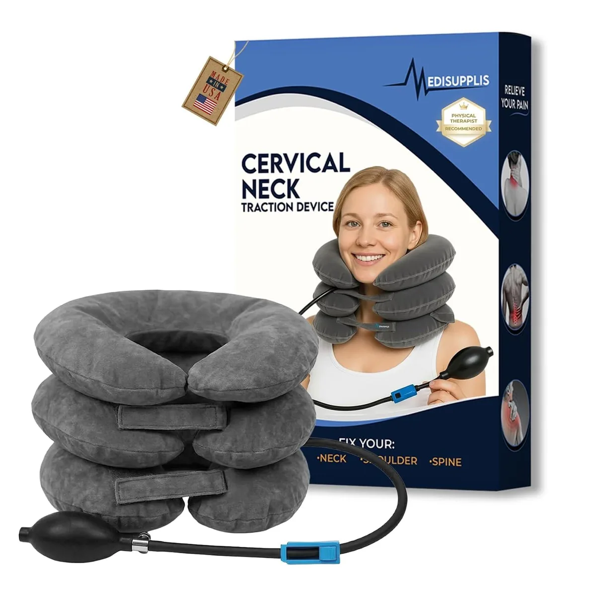 Ten gray inflatable cervical traction devices stacked together
