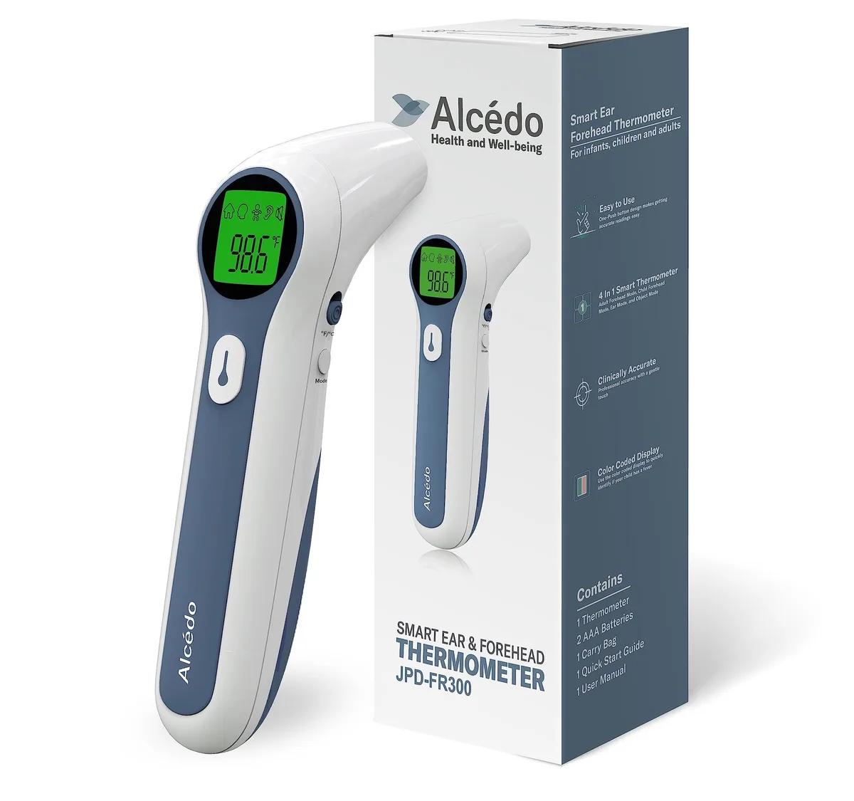 White and blue digital infrared thermometer with magnetic probe cover