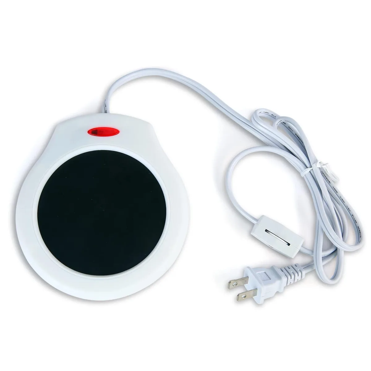 White and black electric mug warmer with on/off switch and indicator light