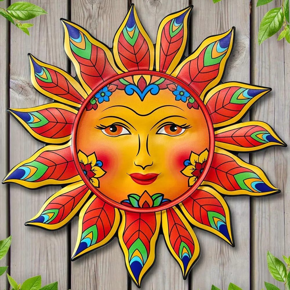 Metal sunflower wall art, 13 inches, warm metallic finish with friendly face and petal flames