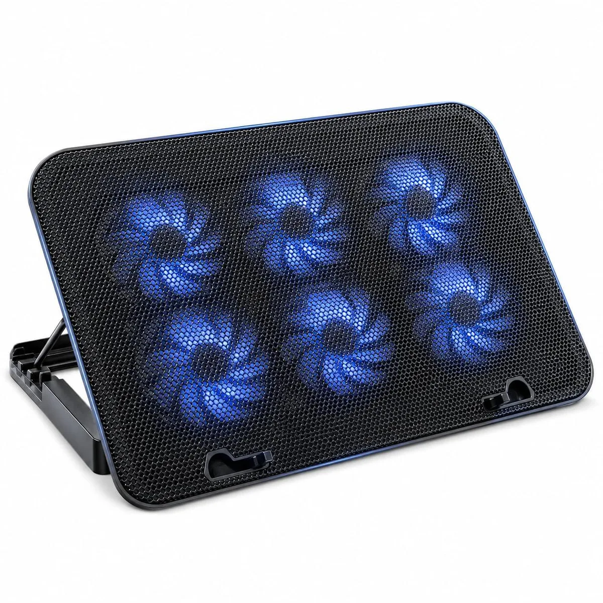 Rectangular blue laptop cooler with metal mesh top and six fans underneath