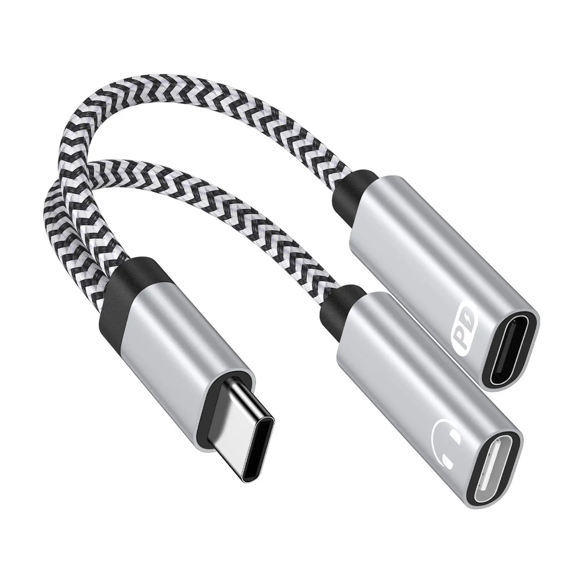Nylon-braided USB-C splitter cable with dual Type-C connectors, 6 ft length