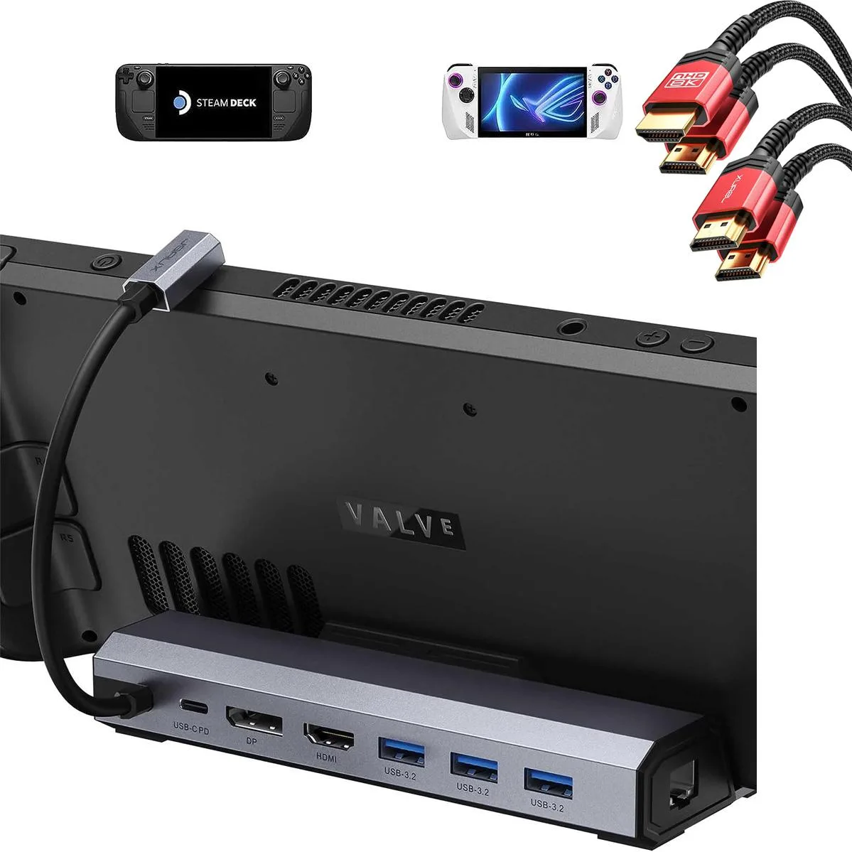 BFKK BFKK 7-in-1 Steam Deck Dock HDMI 4K@60Hz DP Gigabit Ethernet 3×USB-A 3.2 USB-C PD 8K HDMI 2.1 Cable 6FT — product photo