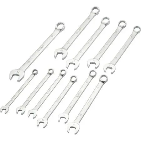 Eleven metric combination wrenches in a canvas roll, satin chrome finish