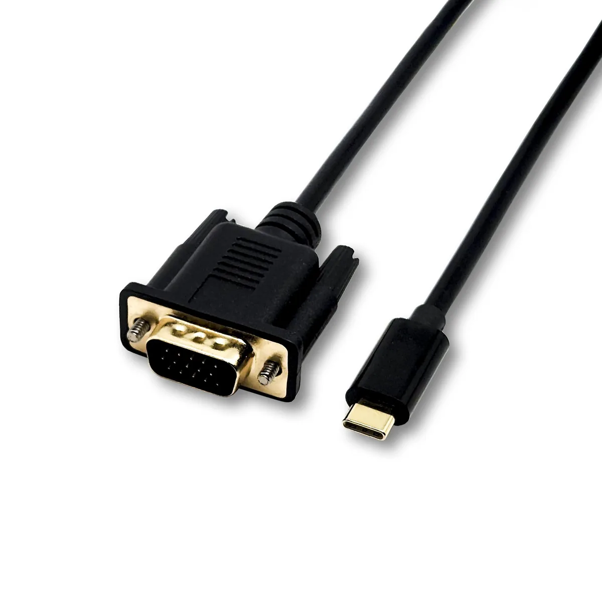 Black round cable with USB-C plug on one end and blue VGA connector on the other