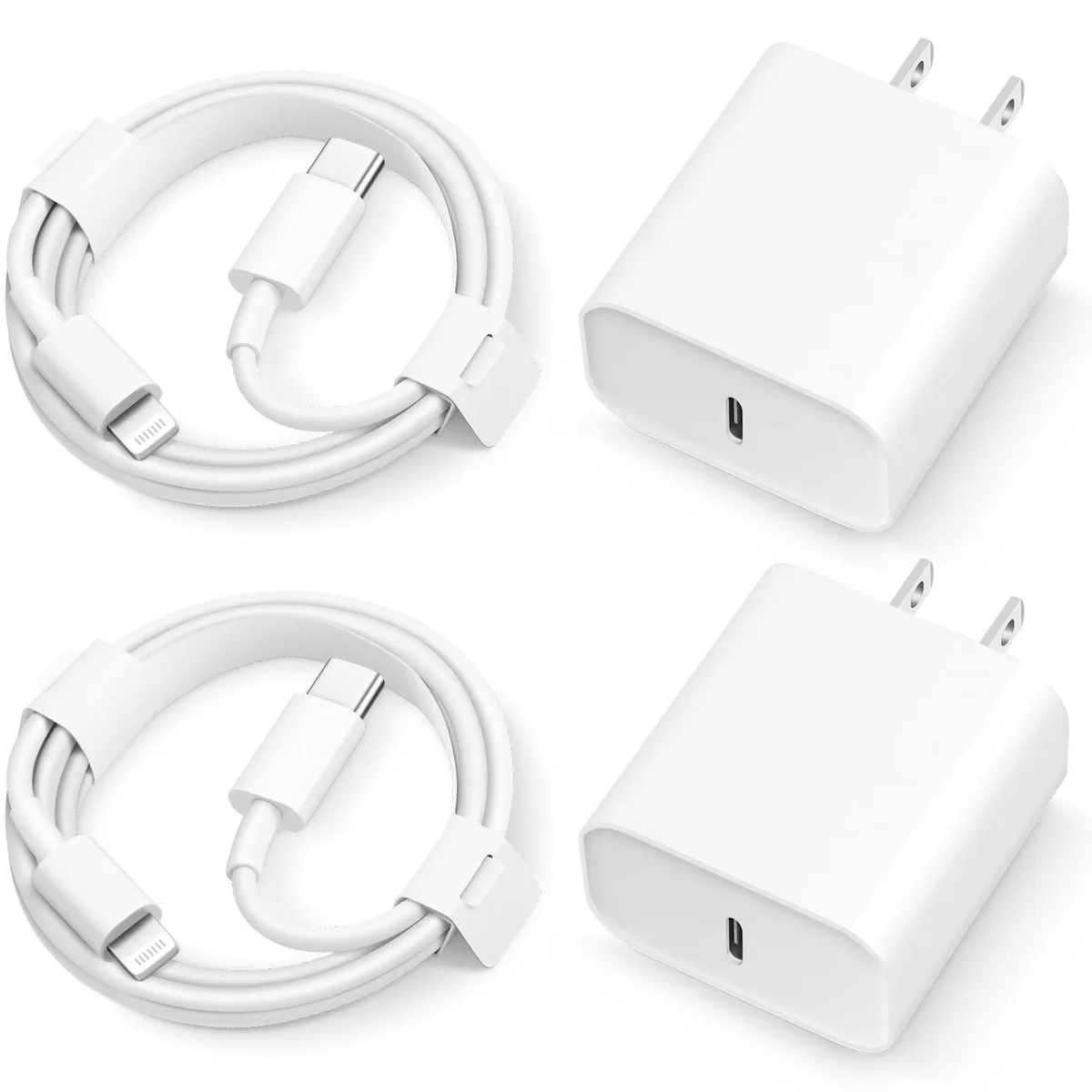 Two white USB-C wall chargers with two matching 6ft cables
