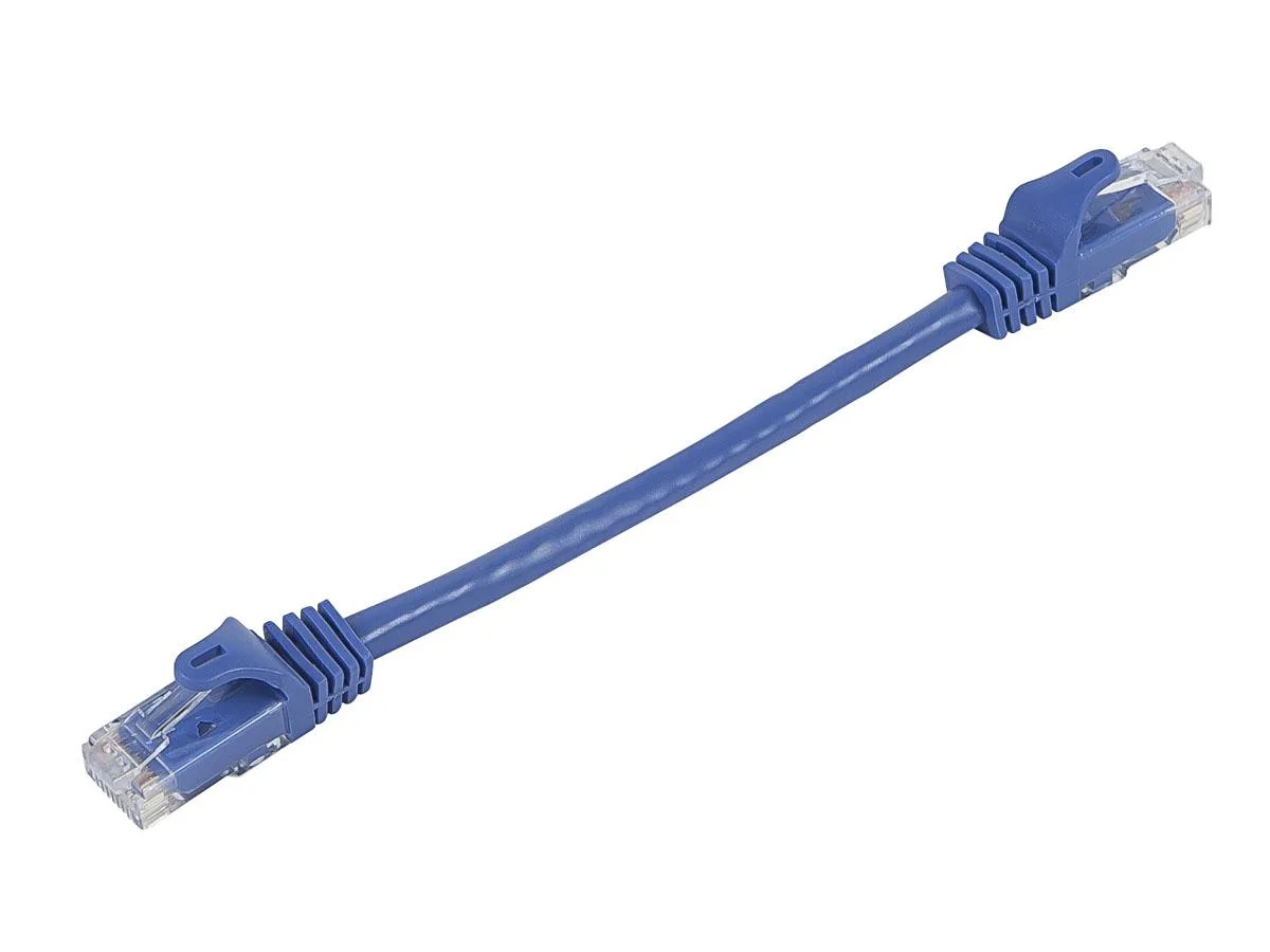 Short blue Cat5e patch cable with clear RJ45 plugs and matching snagless boots