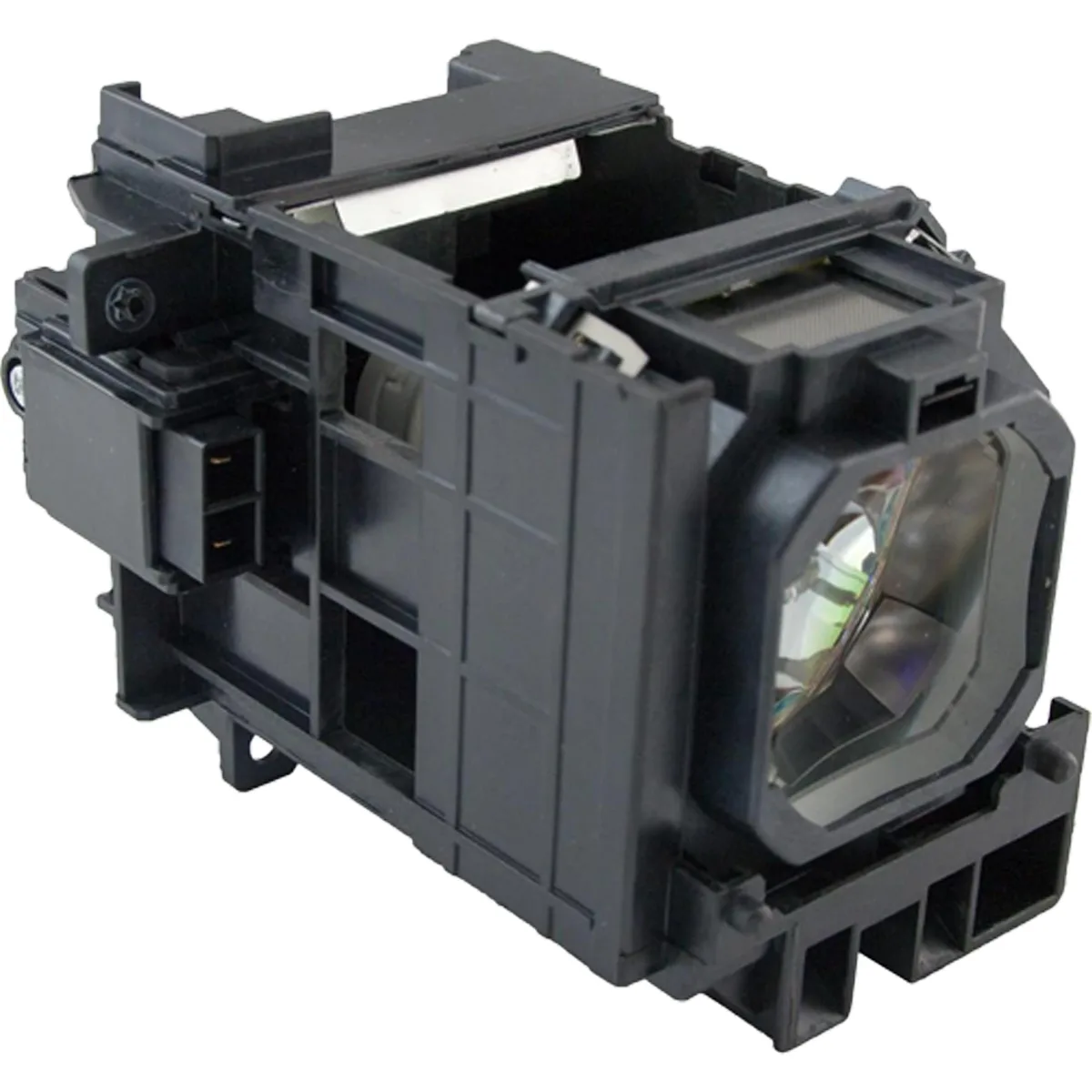 A new projector lamp module in its housing, silver finish, rectangular shape