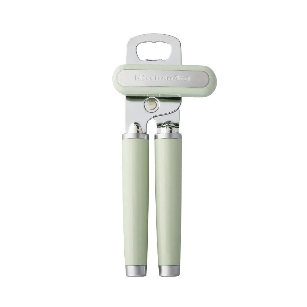 Pistachio manual can opener with stainless steel wheel, ergonomic handles and built-in bottle opener