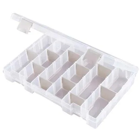 Clear plastic compartment box with adjustable dividers and latch closure