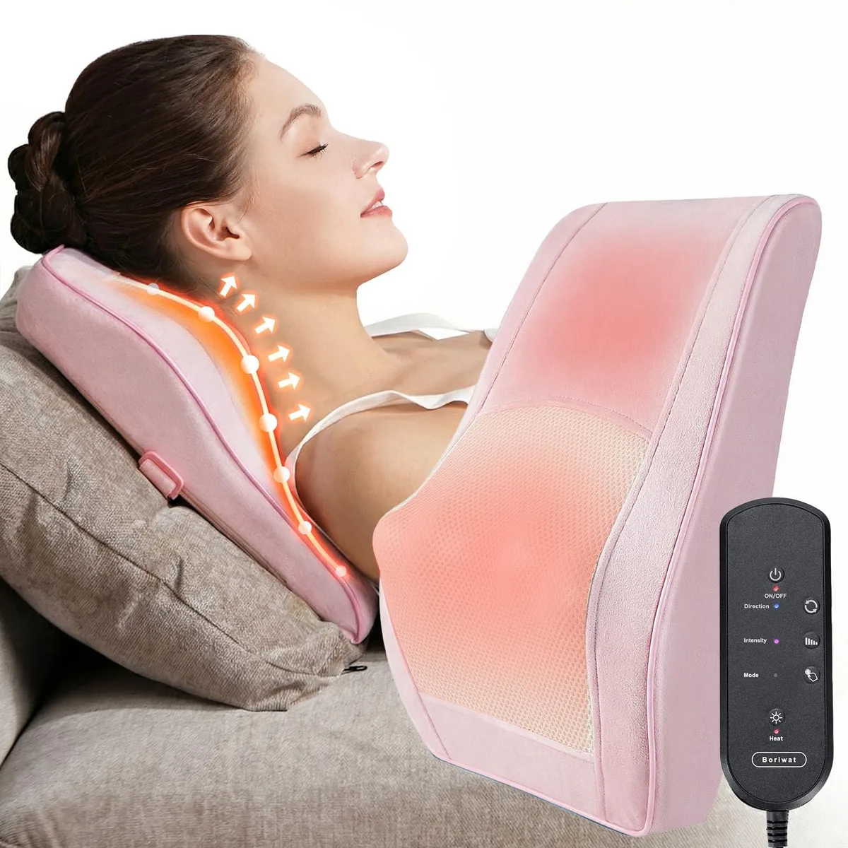 Pink rectangular massage pillow with faux leather cover and visible shiatsu nodes