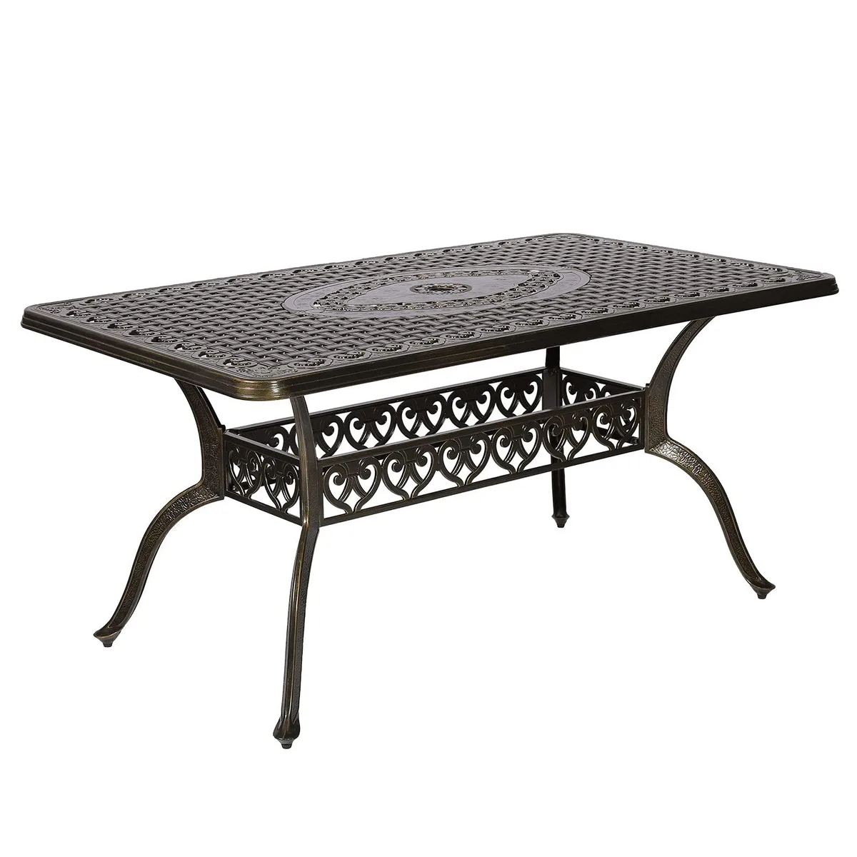 Dark bronze rectangular cast aluminum patio table with central umbrella hole