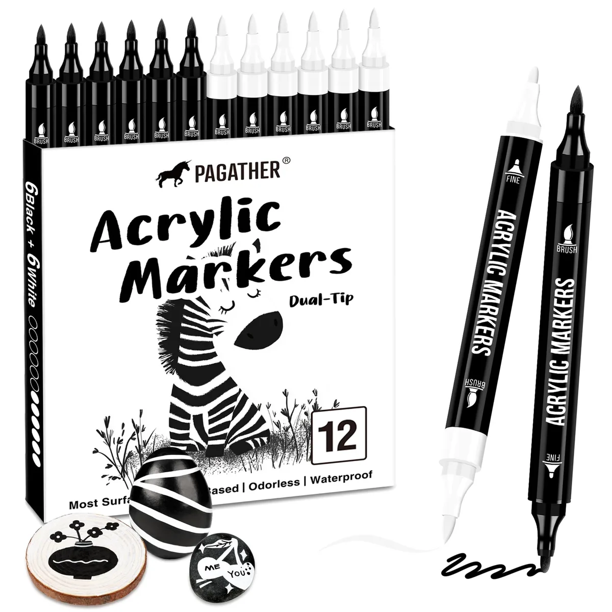  Pagather Black and White Acrylic Paint Markers 12 Dual Tip — product photo