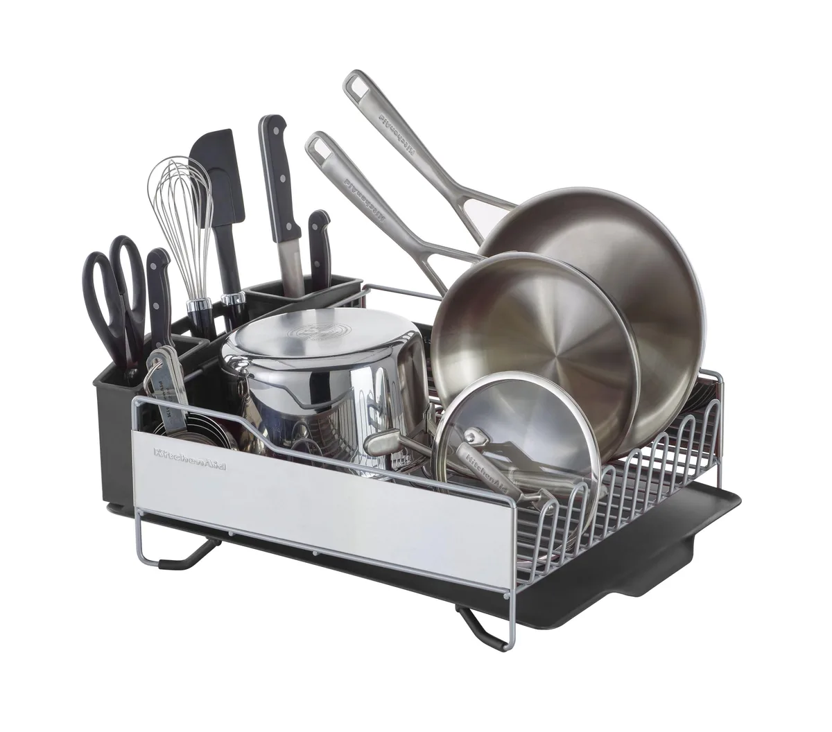 Red two-tier dish rack, 34 inches wide, satin-coated steel wires, angled drain board, removable flatware caddy, anti-slip feet
