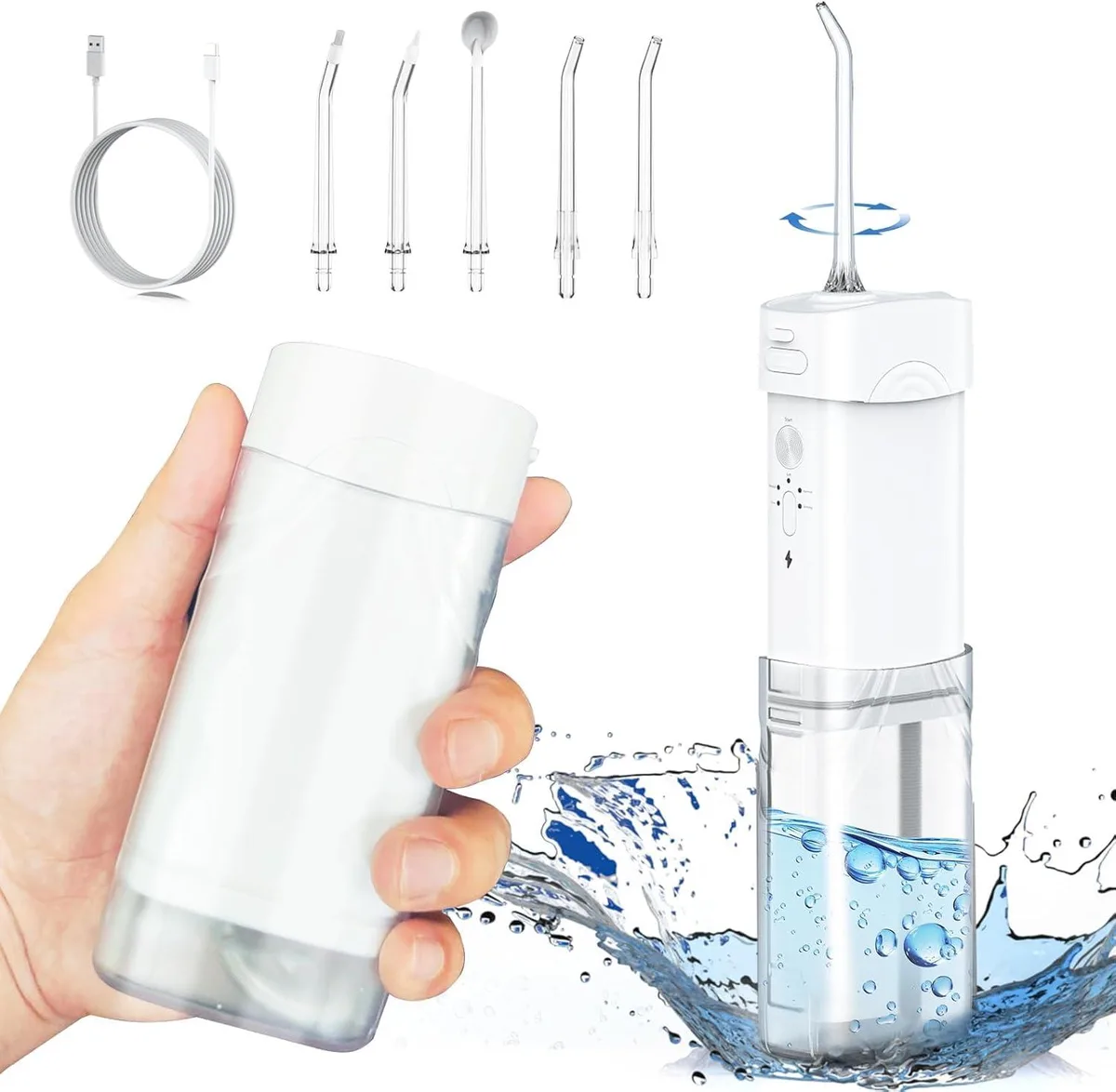 White collapsible water flosser with rotatable tip and display screen