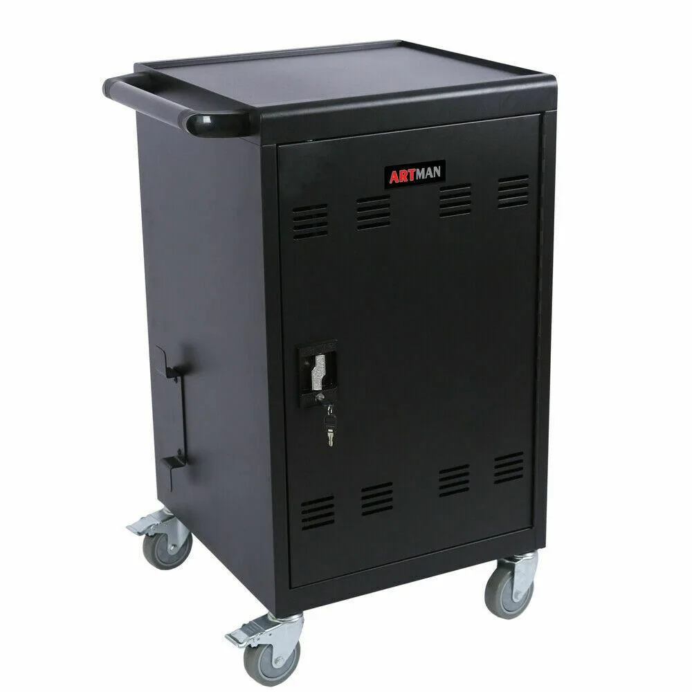 Grey steel mobile charging cart with four caster wheels and locking front doors for thirty devices