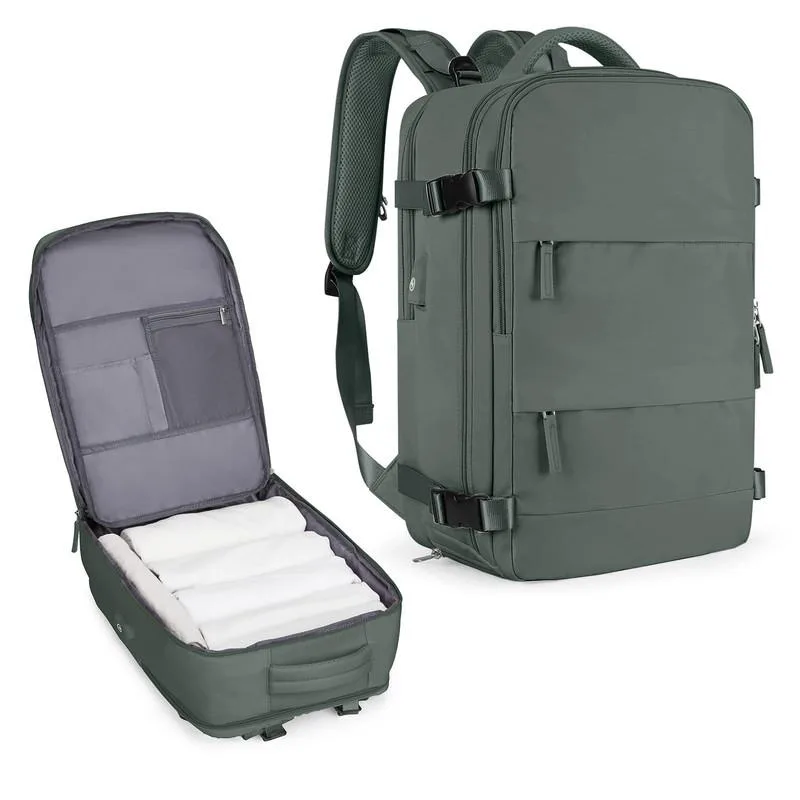 Olive green travel laptop backpack with multiple pockets and USB charge port