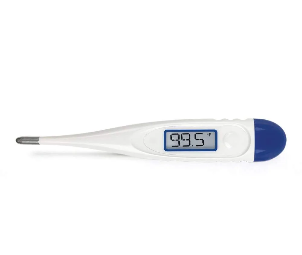 Blue digital stick thermometer in clear plastic storage case