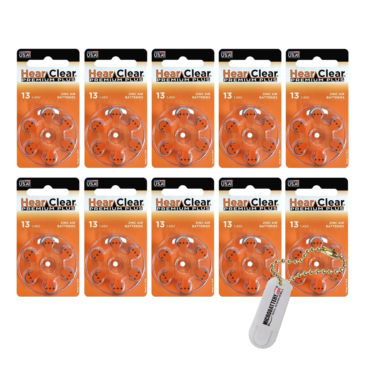 HearClear Battery HearClear Battery Size 13 Hearing Aid Batteries 60 Cells + Keychain — product photo