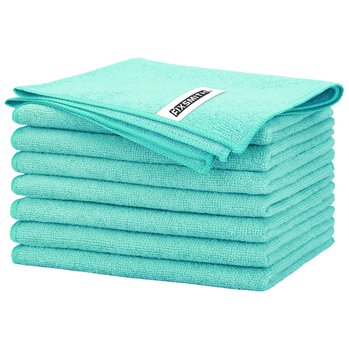 Eight turquoise microfiber cloths stacked, each 16 by 12 inches, soft lint-free finish