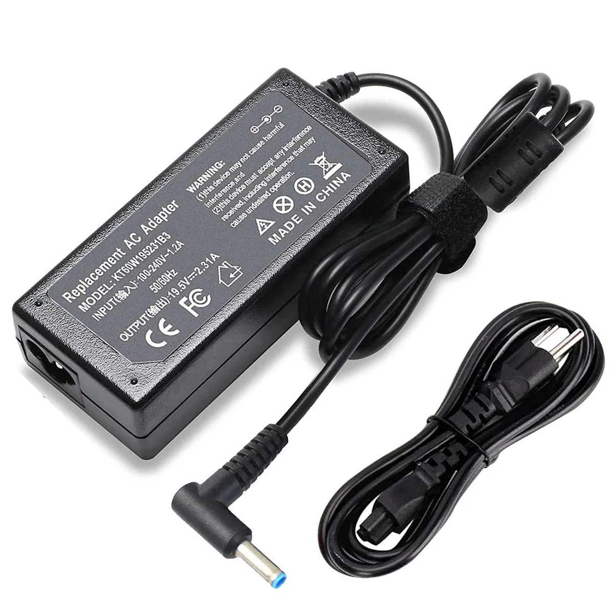 Black rectangular laptop charger with blue-tip connector, 45 W output