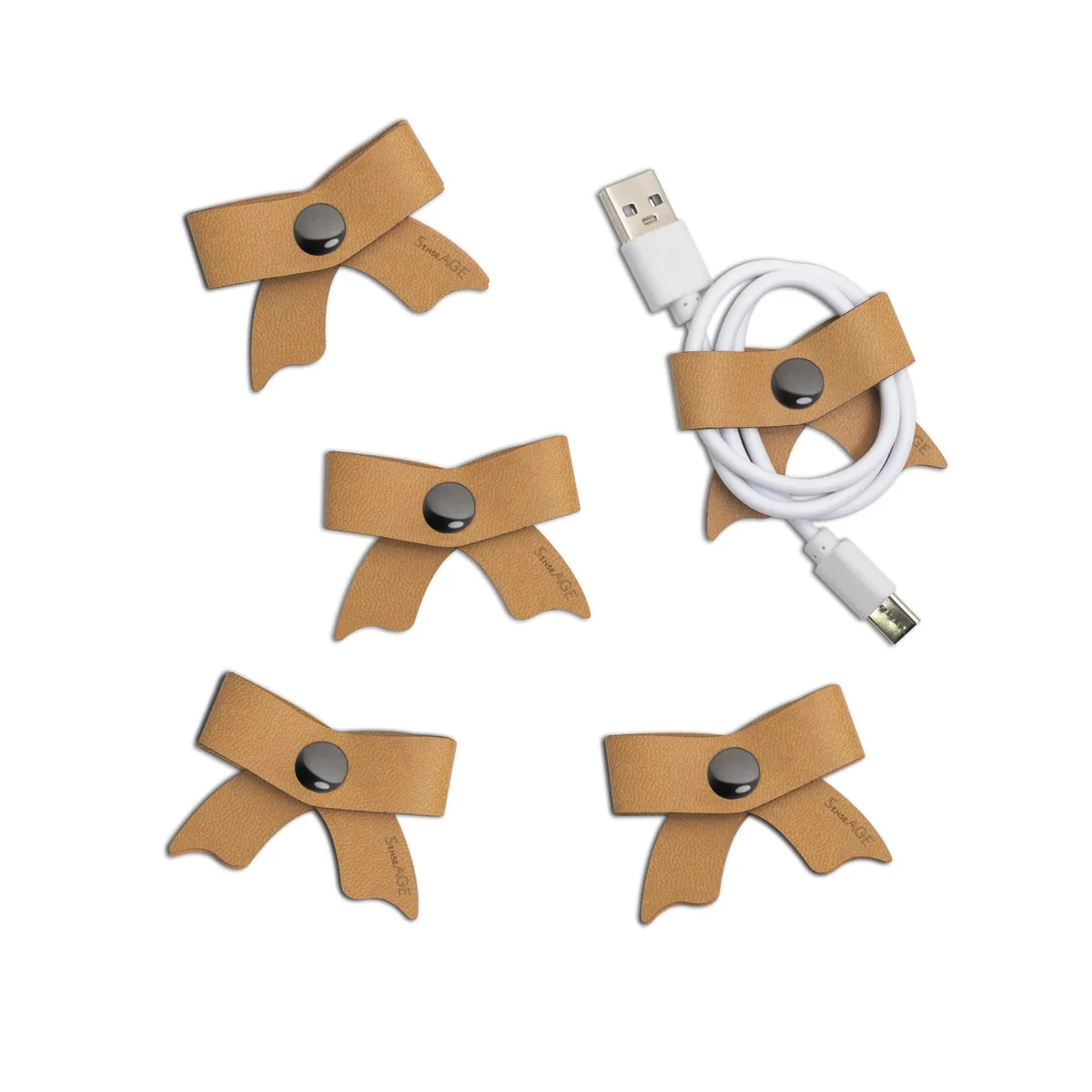 Five small camel-brown faux-leather bow cord ties