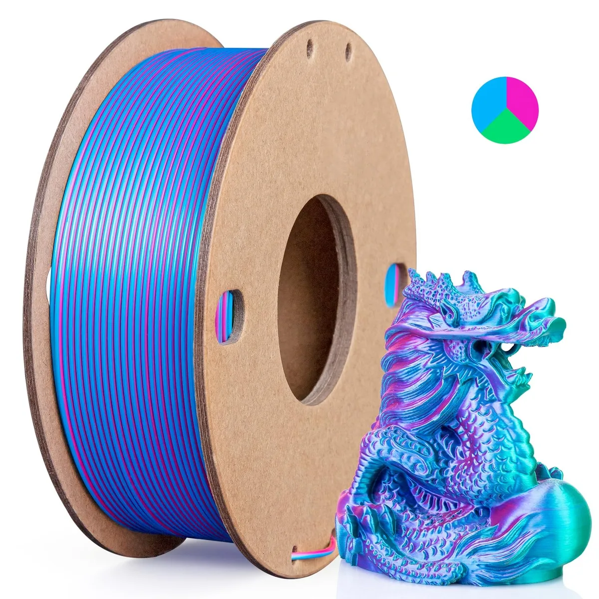  3Dgenius Silk PLA Tri-Color 1.75mm 250g Rose Red Sky Blue Green — product photo