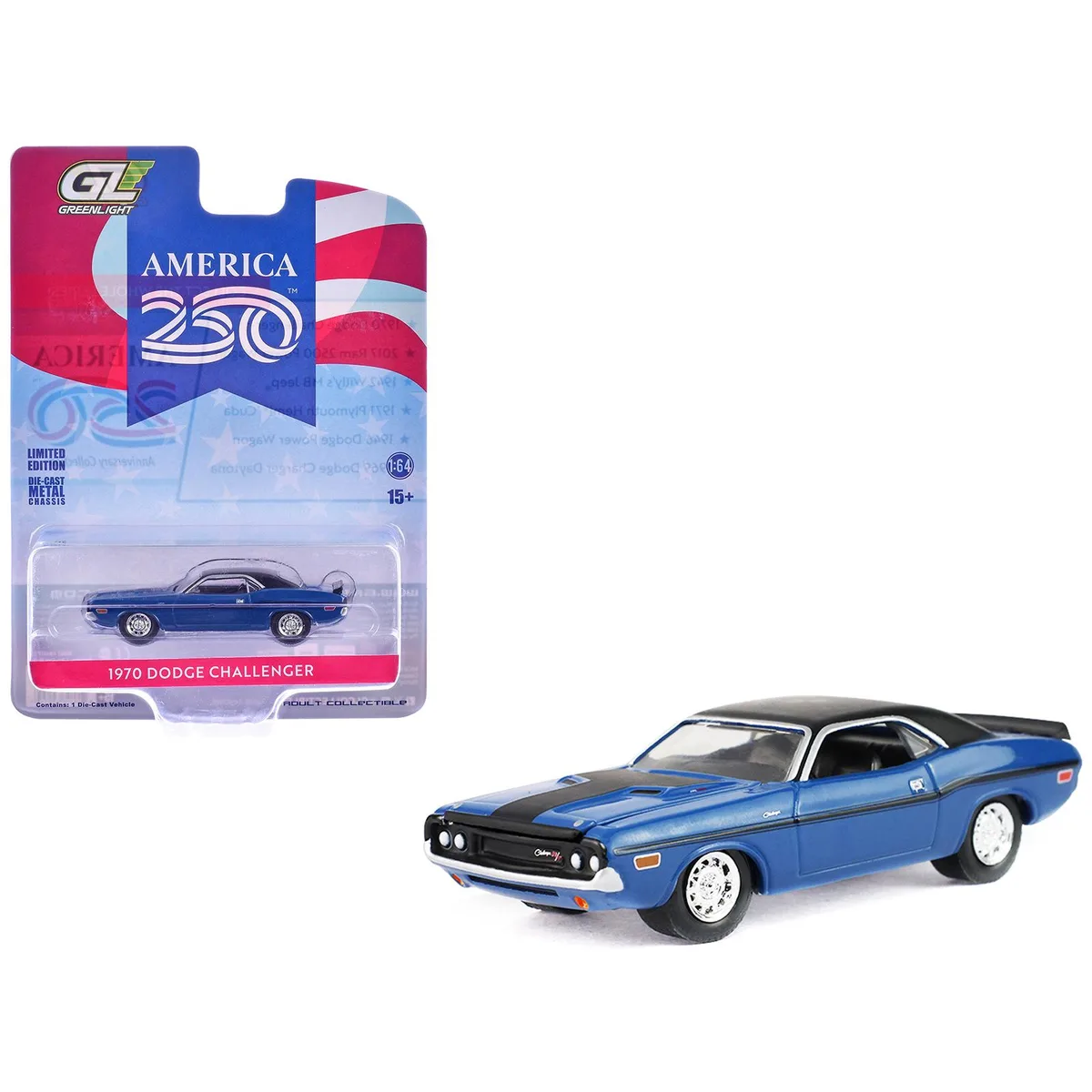 GREENLIGHT GREENLIGHT 1970 Dodge Challenger Blue Black Top America 250 Edition 1/64 — product photo