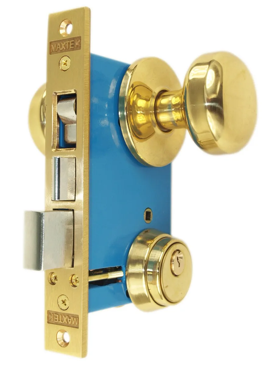 MAXTECH MAXTECH LHR Polished Brass Left Hand Reverse Double Cylinder Mortise Lockset 2-1/2" Backset — product photo